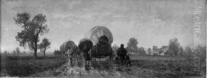 Landstrasse mit Fuhrwerken und Fussgangern bei Regen by Josef Wopfner