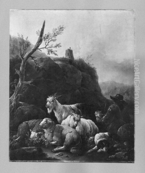Hirt mit Schafen, Ziegen und Hund in bergiger Landschaft - view 1