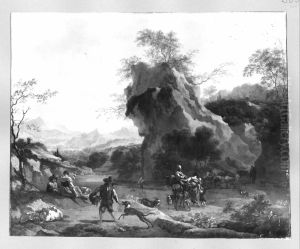 Rock-landscape, shepherd-staffage by Nicolaes Pieterszoon Berchem