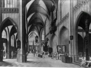 Inneres einer gotischen Kirche mit Staffage by Hendrik van Steenwijk II