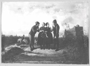 Zwei Liebespaare, zwei Burschen, die zwei Madchen einen Antrag machen by Theodor Hosemann