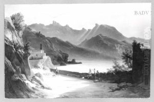 Landschaft an einem italienischen Gebirgssee mit Kastell by Jean-Victor Bertin