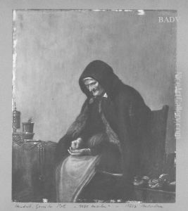 "Die Geizige", alte Frau am Tisch, Geld zahlend by Hendrik Gerritsz Pot
