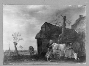 Melkszene vor einem Bauernhaus