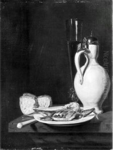 Stillleben mit Hering, Weinkrug und Pokal by Gabriel Metsu