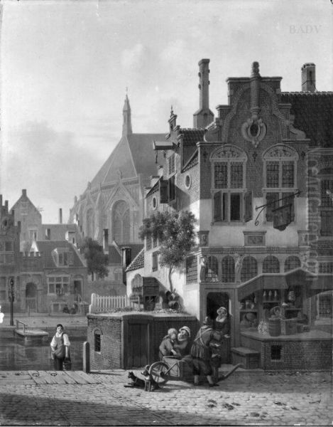 Hollandisches Stadtbild mit Kirche, Burgerhausern und Staffage - view 1