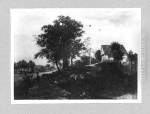 Landschaft mit hohen Eichen und Bauernhaus by Jacob Van Ruisdael