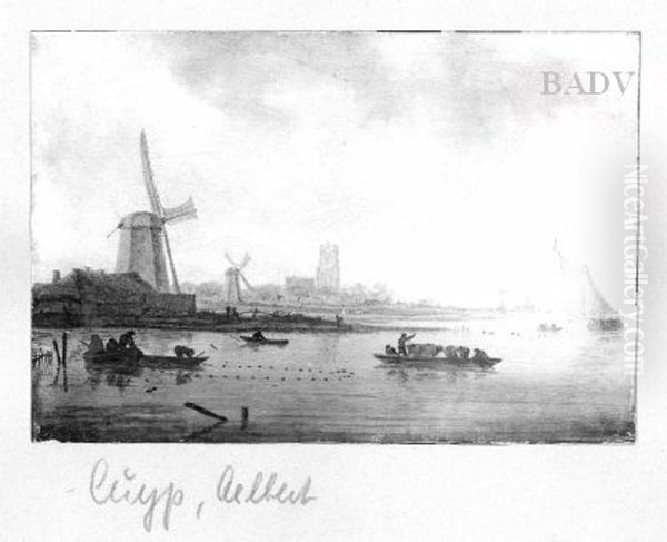 River - landscape with windmills - view 1