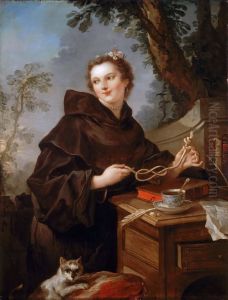 Louise-Anne de Bourbon, mademoiselle de Charolais (1695-1758), representee en costume de moine de fantaisie tenant le cordon de Saint Francois