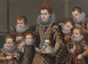 Bianca degli Utili Maselli, holding a dog and surrounded by six of her children by Lavinia Fontana
