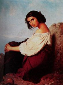 A portrait of a young peasant girl seated on a rock by Konstantin Cretius