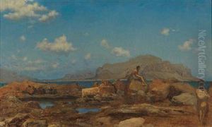 Coast near Palermo with Monte Pellegrino in the background by Leopold Carl Muller