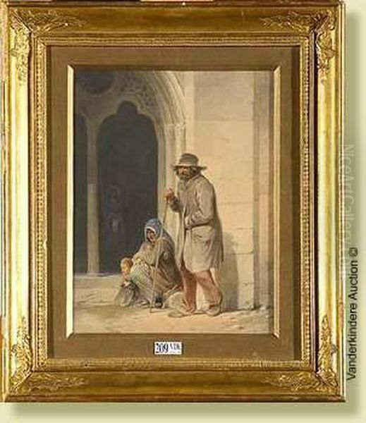 Lesmendiants A La Sortie De L'eglise, Aquarelle Sur Papier. Signee Enbas A Gauche V. Camoin. Ecole Francaise. Dim.: 26x19,5cm - view 1