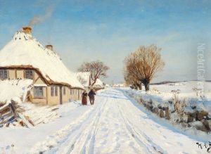 Solbeskinnet landevej i udkanten af en landsby, vinter. by H. A. Brendekilde