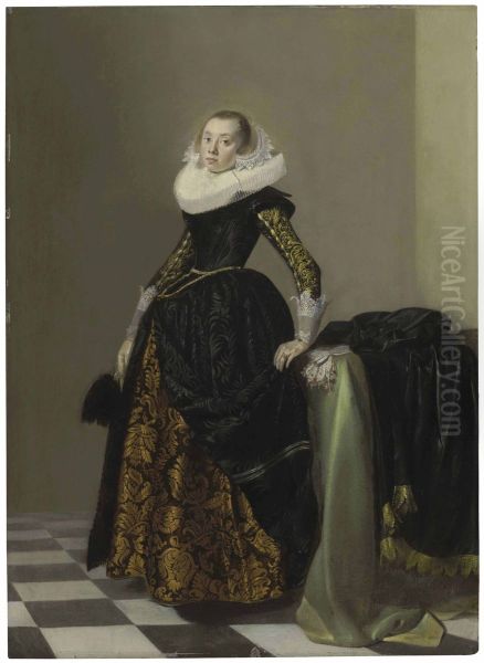Portrait of a richly dressed young lady, full-length, before a draped table - view 1