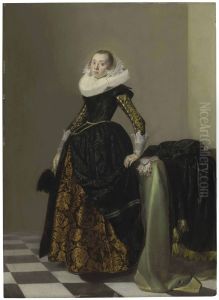 Portrait of a richly dressed young lady, full-length, before a draped table by Pieter Codde