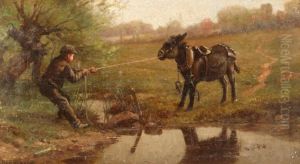 Boy pulling a mule
