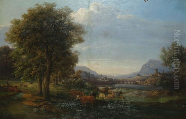 Extensive landscape with cattle in the foreground, a village beyond - view 1