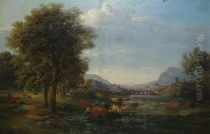 Extensive landscape with cattle in the foreground, a village beyond by Ernst Erwin Oehme