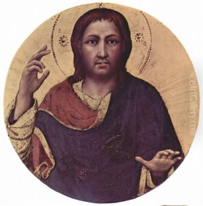 Anbetung der Heiligen Drei Konige, mittleres Giebeltondo: Segnender Christus