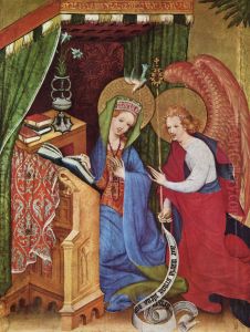 Passionsaltar (Wildungen-Altar), linker Flugel: Maria Verkundigung, Christis Geburt, Anbetung der Drei Heiligen Konige, Prasentation Christi im Tempel, Detail: Verkundigung by Conrad von Soest