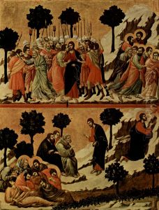 Maesta, Altarretabel des Sieneser Doms, Ruckseite, Hauptregister mit Szenen zu Christi Passion, Szenen: Judaskuss und Gebet auf dem Olberg by Duccio Di Buoninsegna
