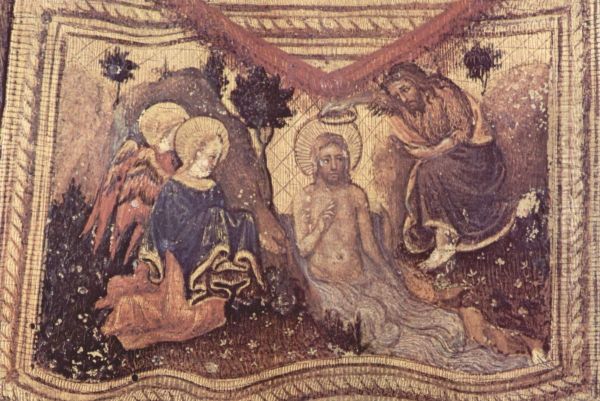 Quaratesi-Polyptychon, Seitentafel: Hl. Nikolaus von Bari, Detail des Gewandes: Taufe - view 1