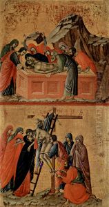 Maesta, Altarretabel des Sieneser Doms, Ruckseite, Hauptregister mit Szenen zu Christi Passion, Szenen: Grablegung und Kreuzabnahme by Duccio Di Buoninsegna