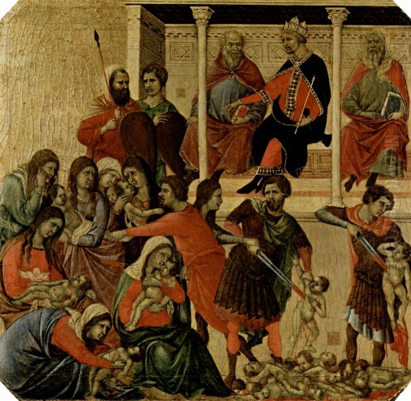 Maesta, Altarretabel des Sieneser Doms, Vorderseite, Predella mit Szenen aus der Kindheit Jesu und Propheten, Szene: Bethlehemitischer Kindermord - view 1