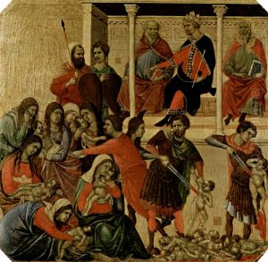 Maesta, Altarretabel des Sieneser Doms, Vorderseite, Predella mit Szenen aus der Kindheit Jesu und Propheten, Szene: Bethlehemitischer Kindermord