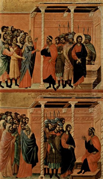Maesta, Altarretabel des Sieneser Doms, Ruckseite, Hauptregister mit Szenen zu Christi Passion, Szenen: Beschuldigung Christi durch die Pharisaer und Verhor Christi durch Pilatus - view 1