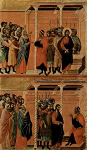 Maesta, Altarretabel des Sieneser Doms, Ruckseite, Hauptregister mit Szenen zu Christi Passion, Szenen: Beschuldigung Christi durch die Pharisaer und Verhor Christi durch Pilatus by Duccio Di Buoninsegna