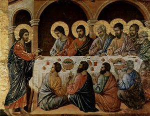 Maesta, Altarretabel des Sieneser Doms, Ruckseite, Altarbekronung mit Pfingstzyklus, Szene: Erscheinung Christi bei dem Abendmahl der Apostel