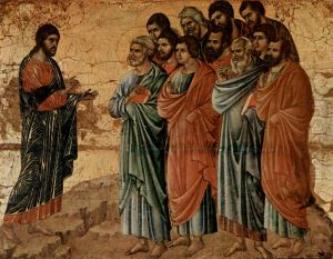 Maesta, Altarretabel des Sieneser Doms, Ruckseite, Altarbekronung mit Pfingstzyklus, Szene: Erscheinung Christi auf den Berg von Galilea
