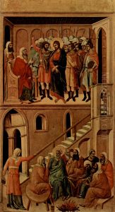 Maesta, Altarretabel des Sieneser Doms, Ruckseite, Hauptregister mit Szenen zu Christi Passion, Szenen: Christus vor dem Hohepriester und Verleugnung Christi durch Petrus by Duccio Di Buoninsegna