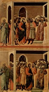 Maesta, Altarretabel des Sieneser Doms, Ruckseite, Hauptregister mit Szenen zu Christi Passion, Szenen: Verspottung Christi und Christus vor Kaiphas by Duccio Di Buoninsegna
