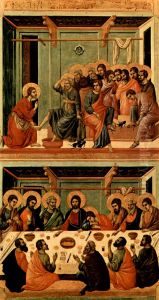 Maesta, Altarretabel des Sieneser Doms, Ruckseite, Hauptregister mit Szenen zu Christi Passion, Szenen: Fusswaschung und das Letzte Abendmahl by Duccio Di Buoninsegna