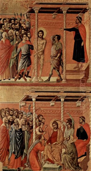 Maesta, Altarretabel des Sieneser Doms, Ruckseite, Hauptregister mit Szenen zu Christi Passion, Szenen: Geisselung und Dornenkronung - view 1