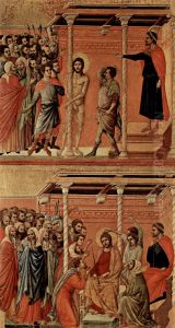 Maesta, Altarretabel des Sieneser Doms, Ruckseite, Hauptregister mit Szenen zu Christi Passion, Szenen: Geisselung und Dornenkronung by Duccio Di Buoninsegna