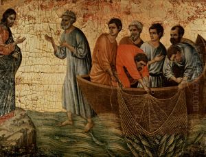 Maesta, Altarretabel des Sieneser Doms, Ruckseite, Altarbekronung mit Pfingstzyklus, Szene: Erscheinung Christi am Tiberiasee (Genazareth)