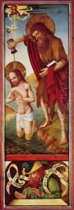 Johannesaltar der Schonenfahrer, rechter Aussenflugel, Szene oben: Taufe Christi, Szene unten: Ein Prophet by Bernt Notke