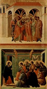 Maesta, Altarretabel des Sieneser Doms, Ruckseite, Hauptregister mit Szenen zu Christi Passion, Szenen: Verat Judas und Abschied Christi von den Aposteln