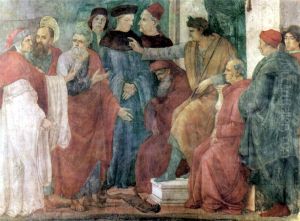 Freskenzyklus der Brancacci-Kapelle in Santa Maria del Carmine in Florenz, Szene: Hl.Petrusund Hl Paulus im Disput mit dem Magier Simon vor Nero