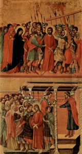 Maesta, Altarretabel des Sieneser Doms, Ruckseite, Hauptregister mit Szenen zu Christi Passion, Szenen: Aufstieg zum Kalvarienberg und Pilatus wascht sich die Hande in Unschuld