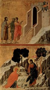 Maesta, Altarretabel des Sieneser Doms, Ruckseite, Hauptregister mit Szenen zu Christi Passion, Szenen: Christus erscheint zwei pilgernden Apostel in Emmaus und Noli me tangere (Christus und Maria Magdalena) by Duccio Di Buoninsegna