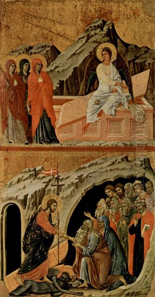 Maesta, Altarretabel des Sieneser Doms, Ruckseite, Hauptregister mit Szenen zu Christi Passion, Szenen: Drei Marien am Grabe und Christi Hollenfahrt - view 1
