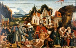Works of mercy with Dives and Lazarus. Oil painting by a Fle by unknown