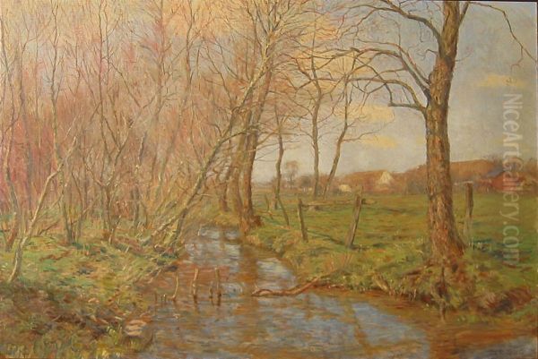 Landscape with a stream, some houses in the background. - view 1