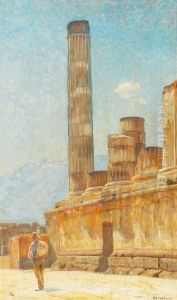 Mediterranean scenery with a man walking near ruins. Mediterranean scenery with a man walking near ruins.