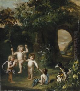 Children playing with a swing in a classical garden setting